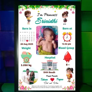 Premium Royal Baby Girls Birth Frame with Name and Photo | Luxury Newborn Gift